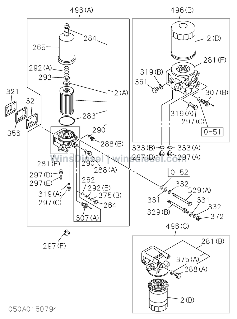 Isuzu 4BD1 oil cooler and oil filter parts diagram 050A0150794 for Hitachi EX120-3