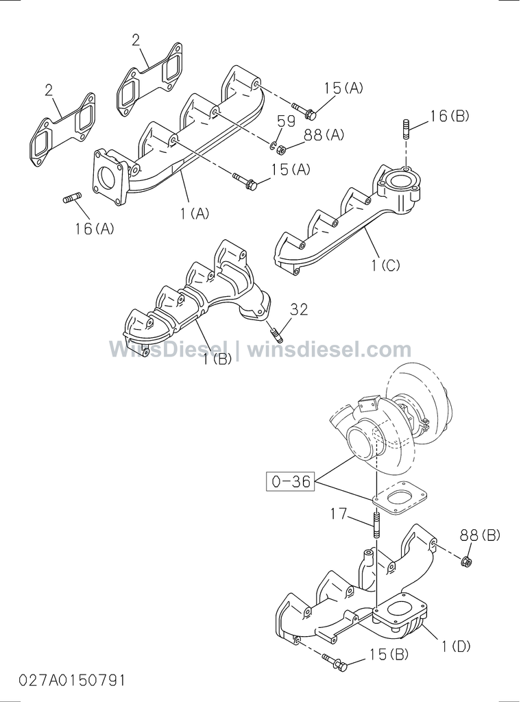 Isuzu 4BG1 exhaust manifold parts diagram 4BG1-TCG-302701 for Hitachi ZX120