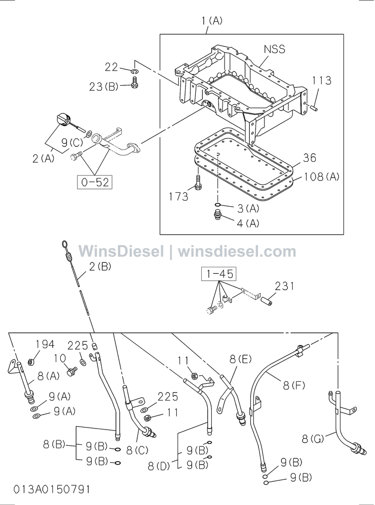 Isuzu 4BG1 oil pan and level gauge parts diagram 4BG1-TCG-301301 for Hitachi ZX120