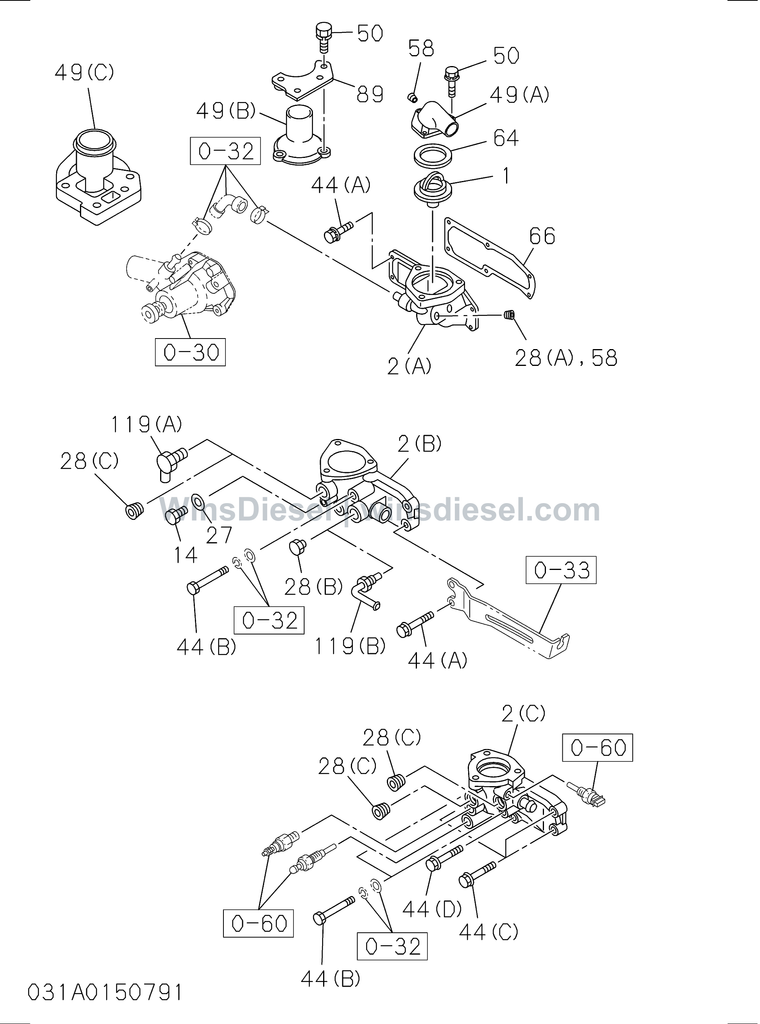 Isuzu 4BG1 thermostat and housing parts diagram 4BG1-TCG-303101 for Hitachi ZX120