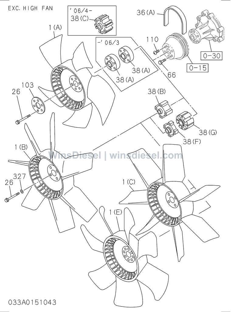 Isuzu 4HK1 fan and fan belt parts diagram 4HK1-XYSA02-303301 for Hitachi ZX200-3