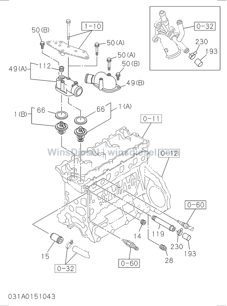 Isuzu 4HK1 thermostat and housing parts diagram 4HK1-XYSA02-303101 for Hitachi ZX200-3