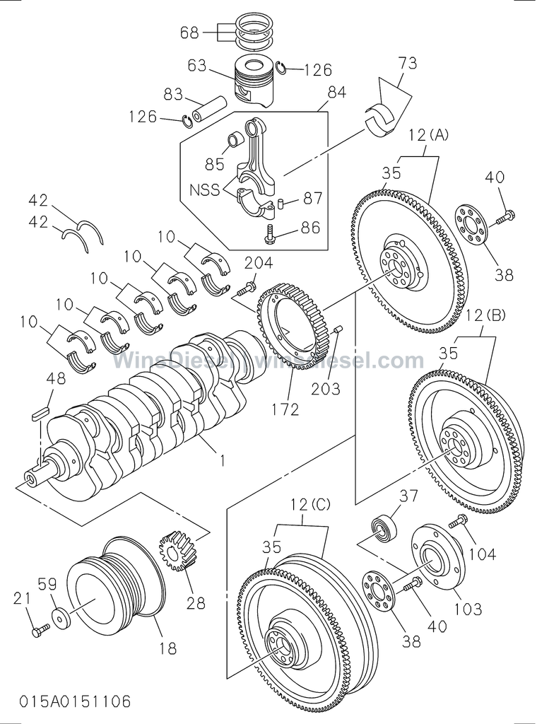 Isuzu 4JJ1 crankshaft piston and flywheel parts diagram 4JJ1-XYSA03-501501 for Hitachi ZX110-3