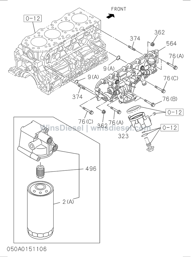 Isuzu 4JJ1 oil cooler and oil filter parts diagram 4JJ1-XYSA03-505001 for Hitachi ZX110-3