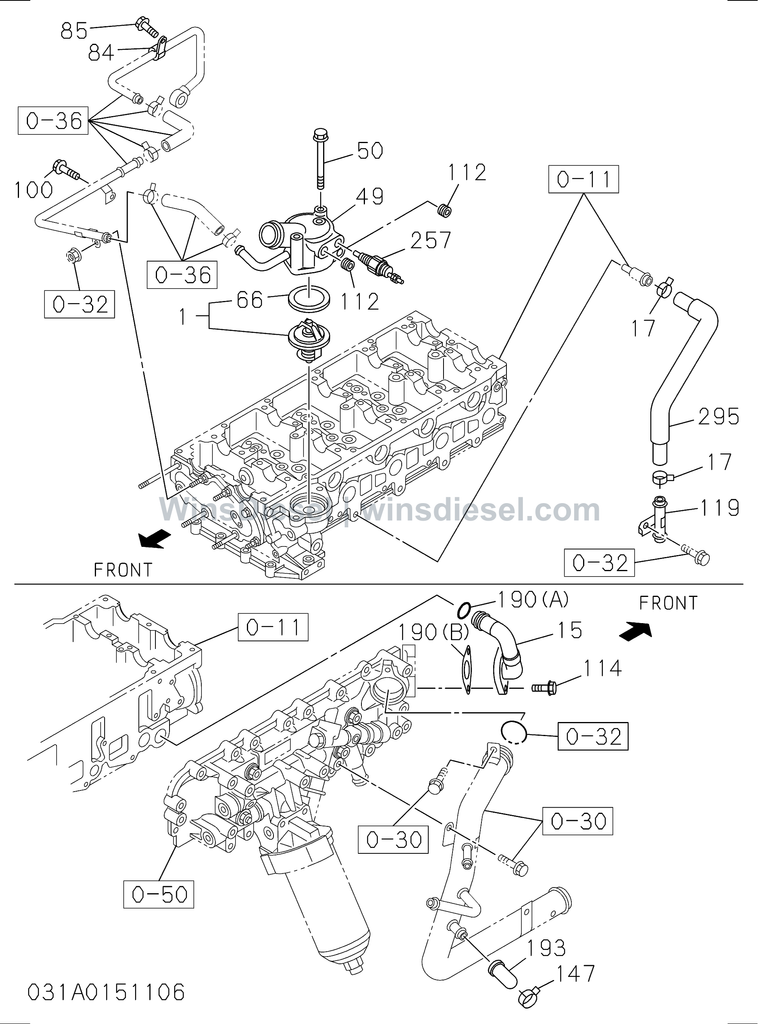 Isuzu 4JJ1 thermostat and housing parts diagram 4JJ1-XYSA03-503101 for Hitachi ZX110-3