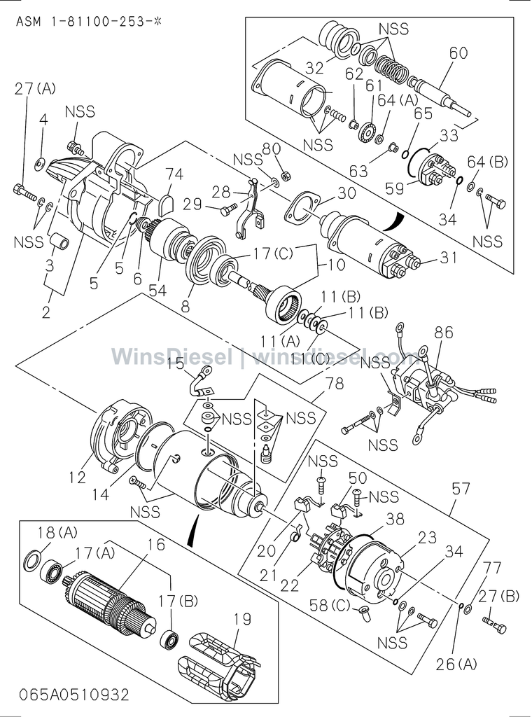 Isuzu 6BG1 starter a1baa1bb parts diagram 6BG1-TRA-4065150203- for Hitachi ZX200