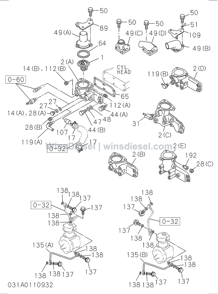 Isuzu 6BG1 thermostat and housing parts diagram 6BG1-TRA-403101 for Hitachi ZX200