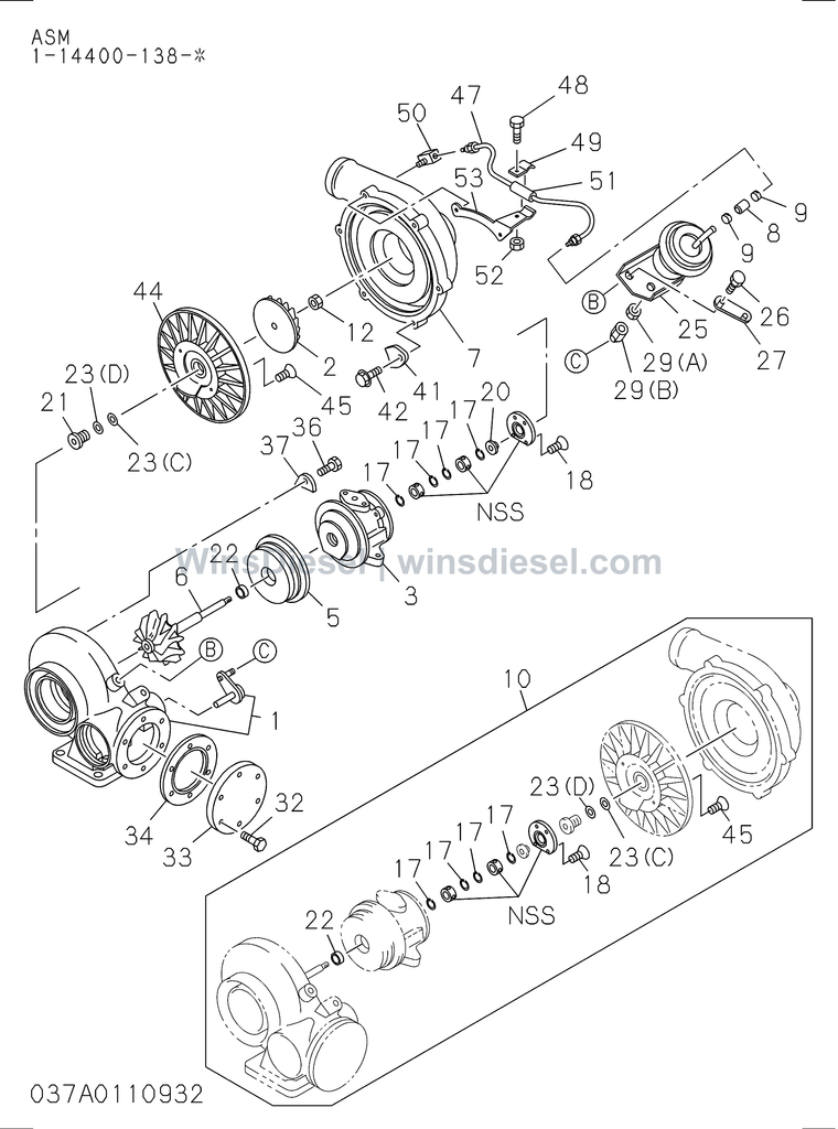 Isuzu 6BG1 turbocharger parts diagram 6BG1-TRA-4037019907- for Hitachi ZX200