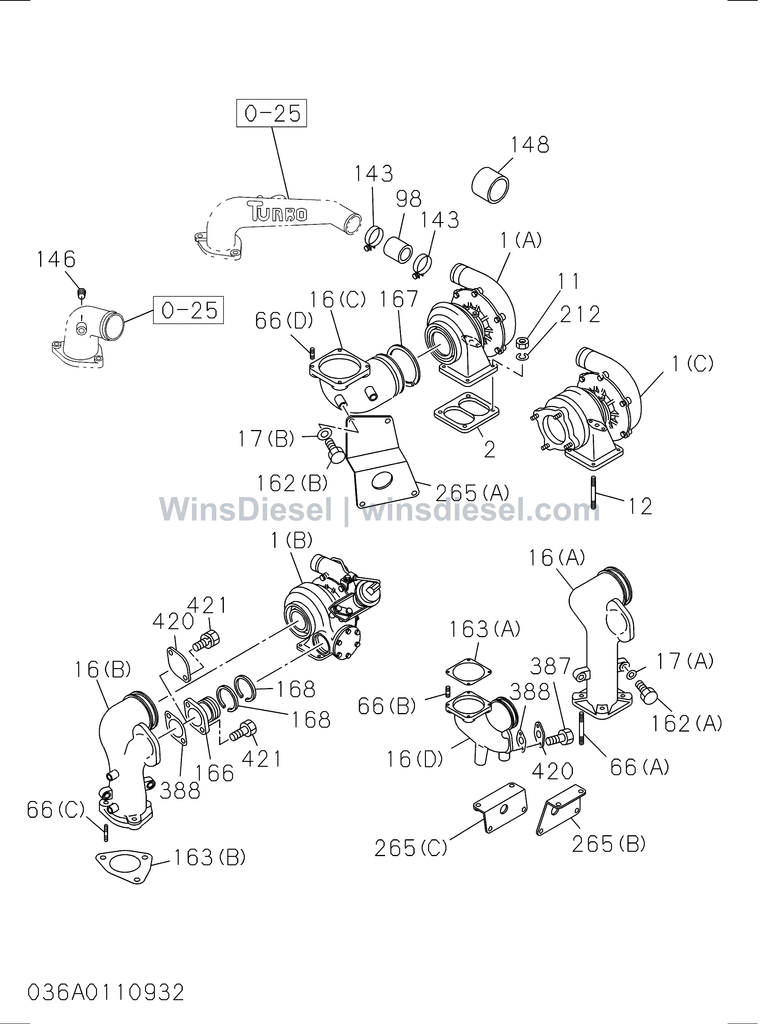 Isuzu 6BG1 turbocharger system parts diagram 6BG1-TRA-403601 for Hitachi ZX200
