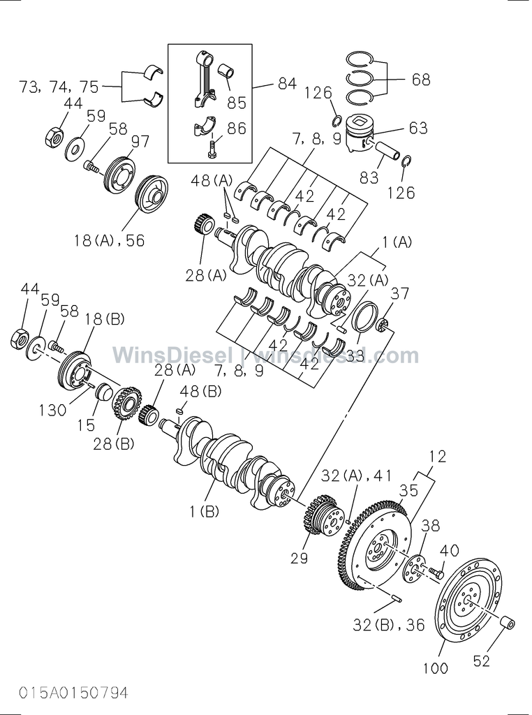 Isuzu 4BD1 crankshaft, piston and flywheel parts diagram 015A0150794 for Hitachi EX120-3