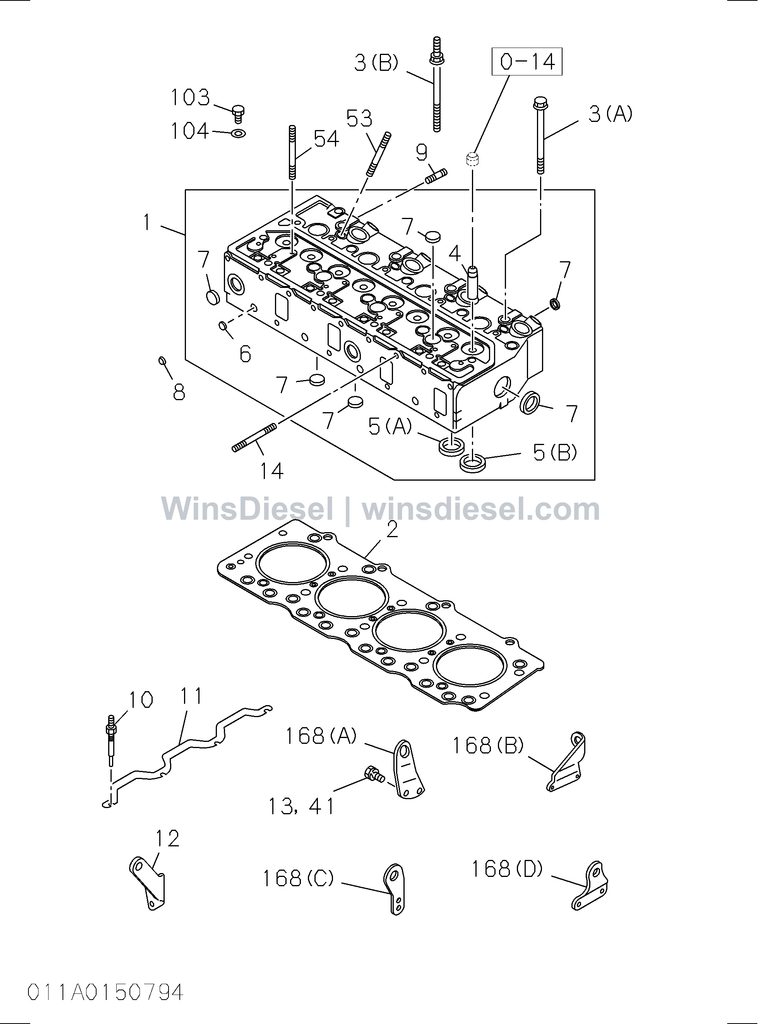 Isuzu 4BD1 cylinder head parts diagram 011A0150794 for Hitachi EX120-3