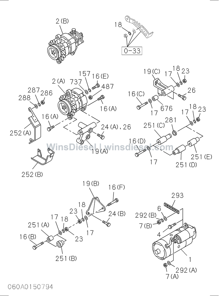Isuzu 4BD1 engine electrical parts parts diagram 060A0150794 for Hitachi EX120-3