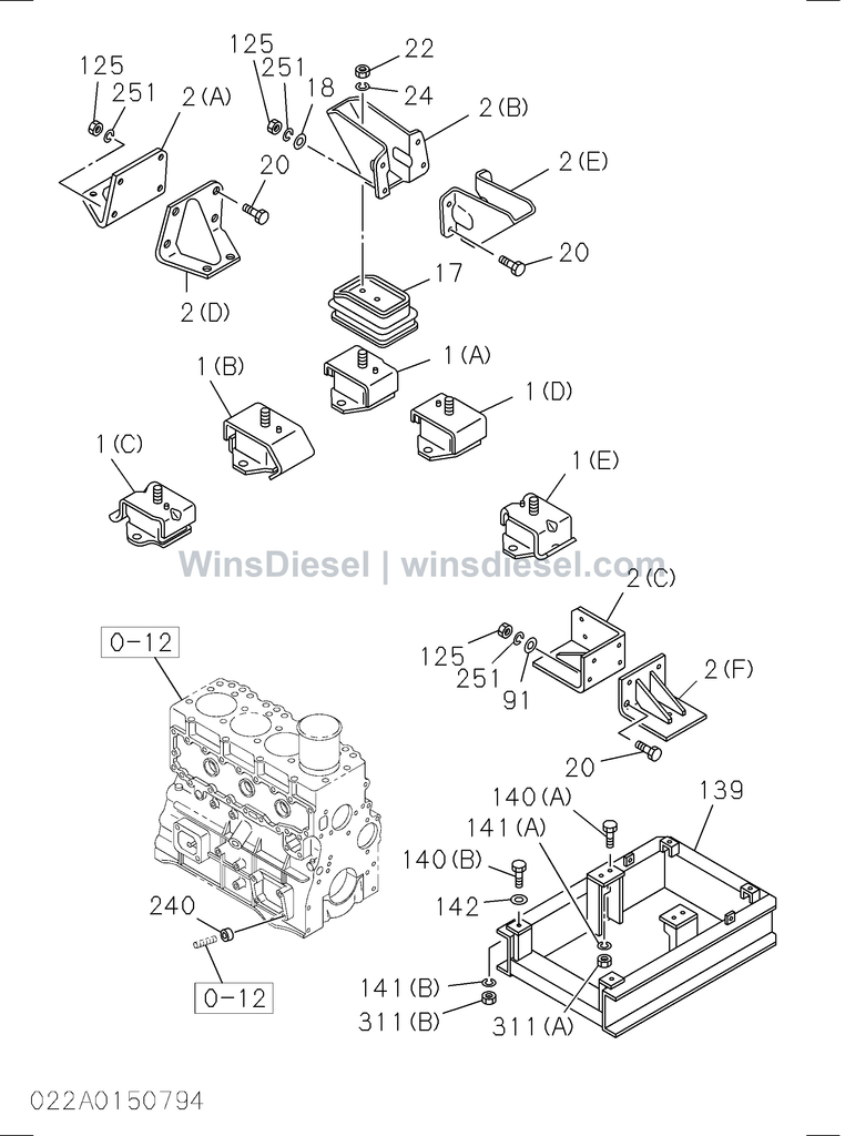 Hitachi EX120-3 engine mounting fasteners parts diagram 022A0150794