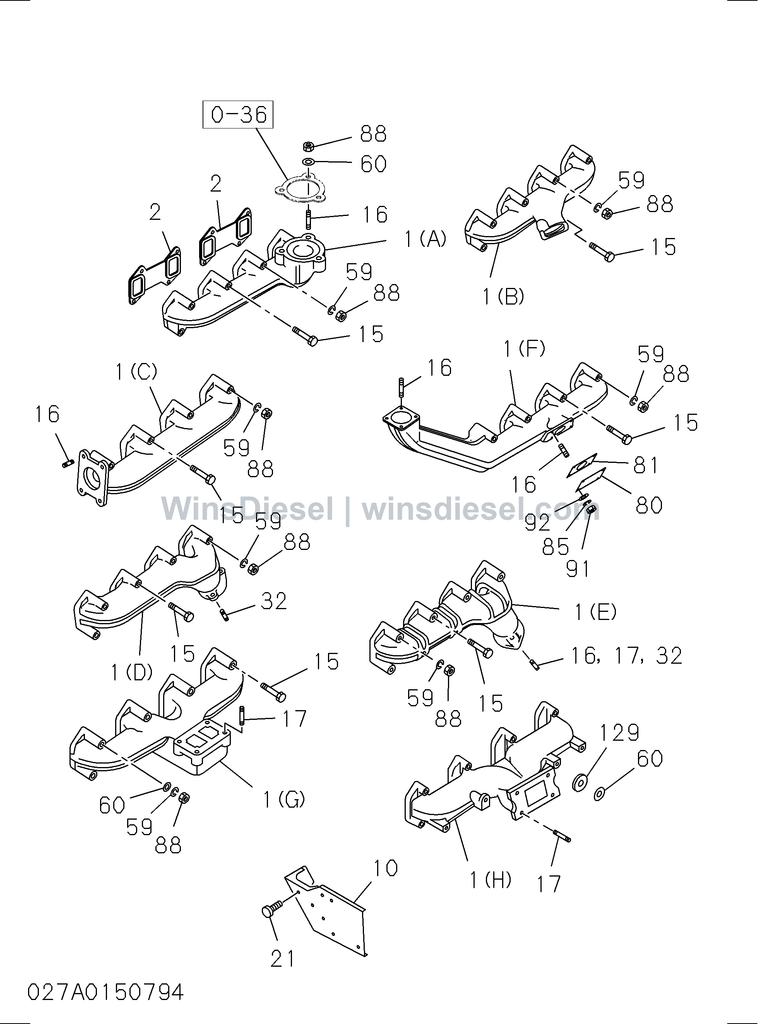 Isuzu 4BD1 exhaust manifold parts diagram 027A0150794 for Hitachi EX120-3