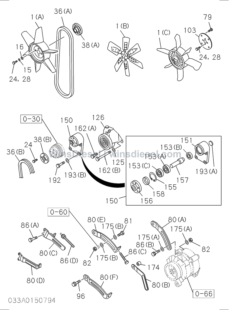 Isuzu 4BD1 fan and fan belt parts diagram 033A0150794 for Hitachi EX120-3