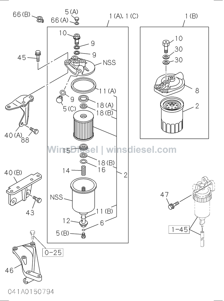 Isuzu 4BD1 fuel filter and bracket parts diagram 041A0150794 for Hitachi EX120-3