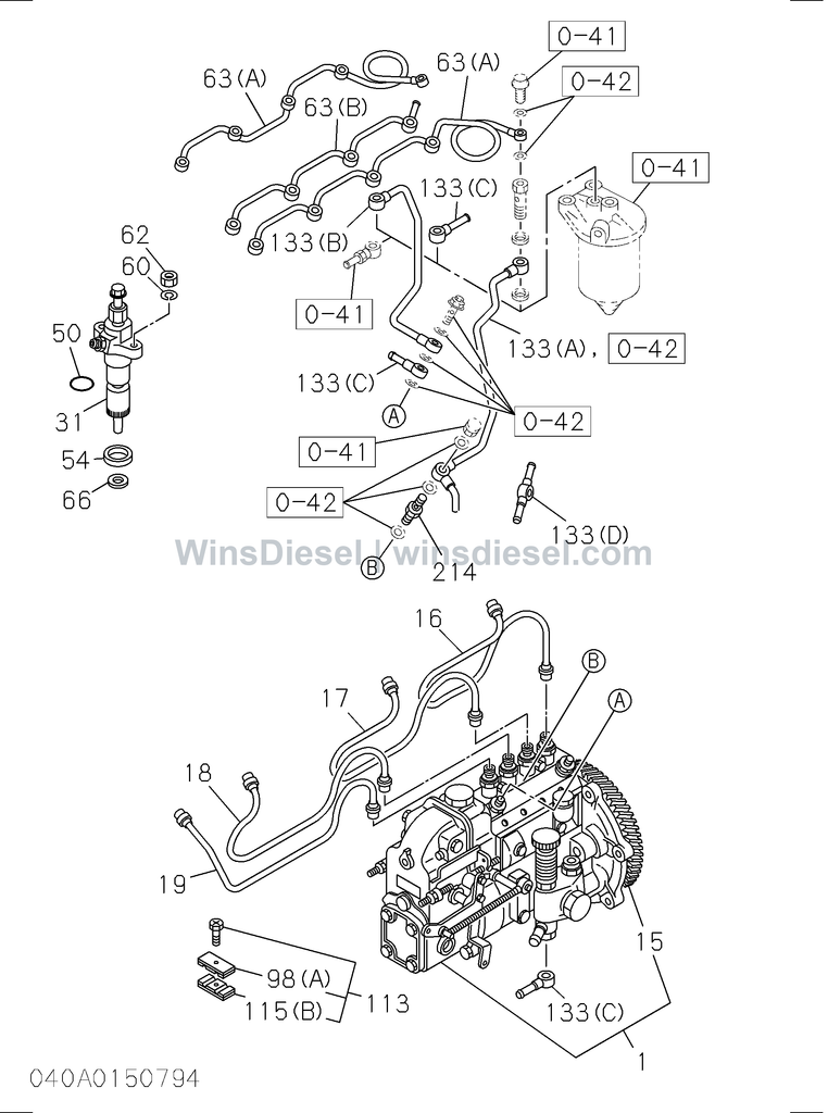 Isuzu 4BD1 fuel injection system parts diagram 040A0150794 for Hitachi EX120-3