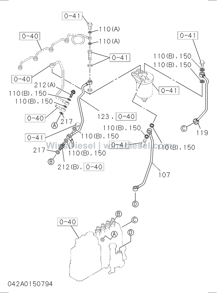Isuzu 4BD1 fuel pipes and gaskets parts diagram 042A0150794 for Hitachi EX120-3