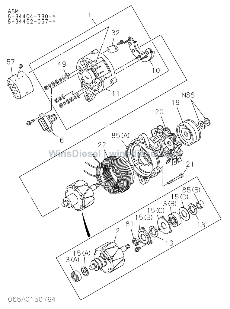 Isuzu 4BD1 alternator internal parts parts diagram 066A0150794 for Hitachi EX120-3