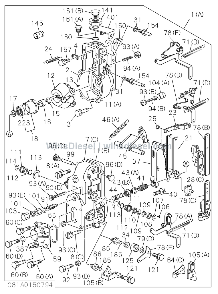 Isuzu 4BD1 injection pump governor parts diagram 081A0150794 for Hitachi EX120-3