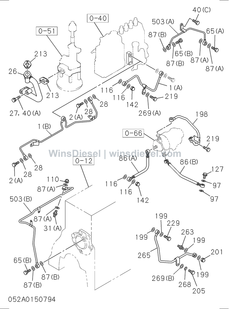 Isuzu 4BD1 engine oil and vacuum piping parts diagram 052A0150794 for Hitachi EX120-3