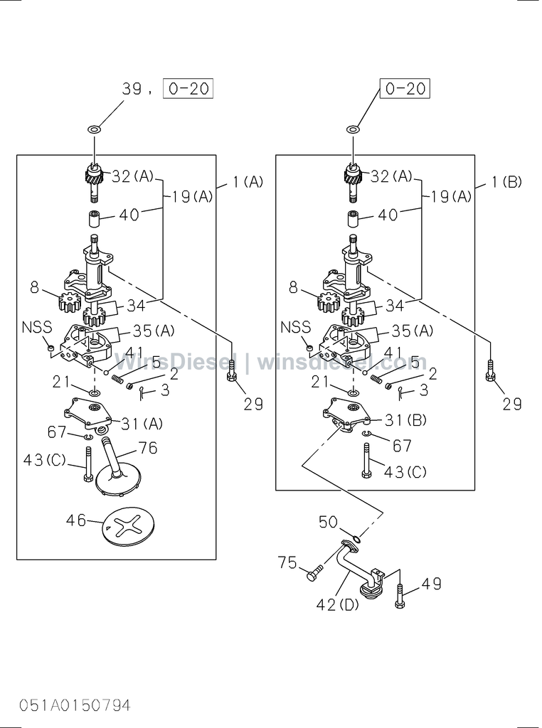 Isuzu 4BD1 oil pump and oil strainer parts diagram 051A0150794 for Hitachi EX120-3