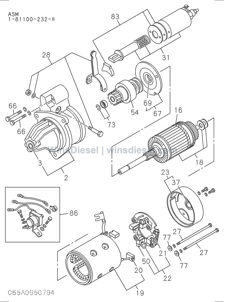 Isuzu 4BD1 starter internal parts parts diagram 065A0950794 for Hitachi EX120-3