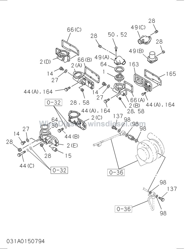 Isuzu 4BD1 thermostat and housing parts diagram 031A0150794 for Hitachi EX120-3
