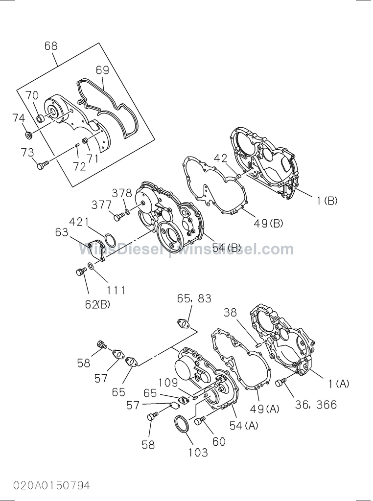 Isuzu 4BD1 timing gear case and flywheel housing parts diagram 020A0150794 for Hitachi EX120-3