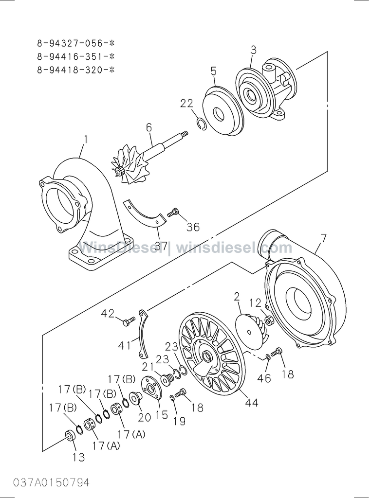 Isuzu 4BD1 turbocharger housings and impeller parts diagram 037A0150794 for Hitachi EX120-3