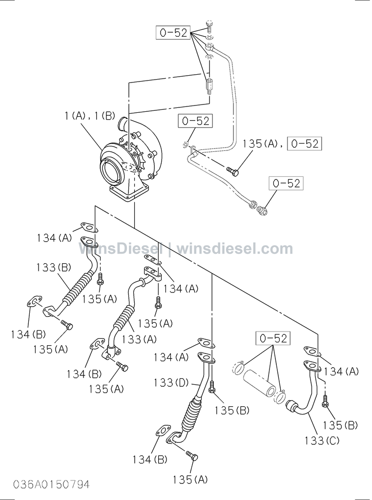 Isuzu 4BD1 turbocharger system parts diagram 036A0150794 for Hitachi EX120-3