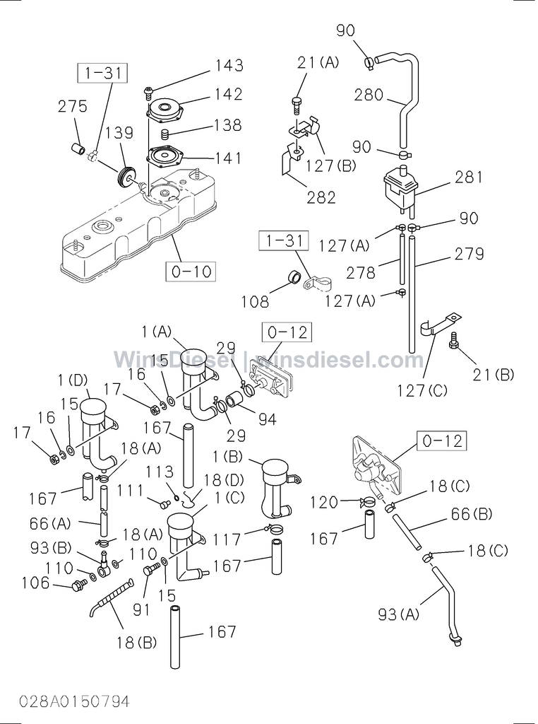 Isuzu 4BD1 ventilation system parts diagram 028A0150794 for Hitachi EX120-3