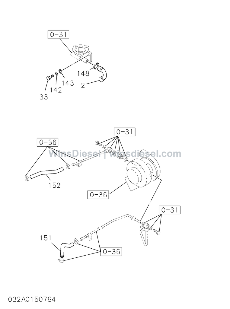 Isuzu 4BD1 engine water piping parts diagram 032A0150794 for Hitachi EX120-3
