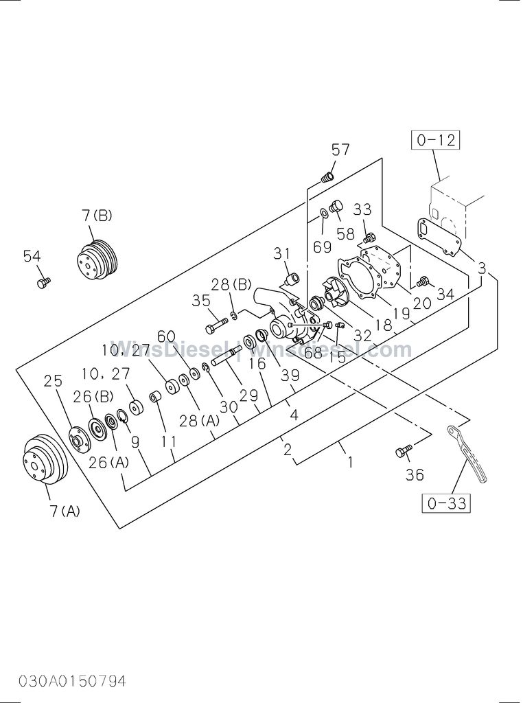 Isuzu 4BD1 water pump parts diagram 030A0150794 for Hitachi EX120-3
