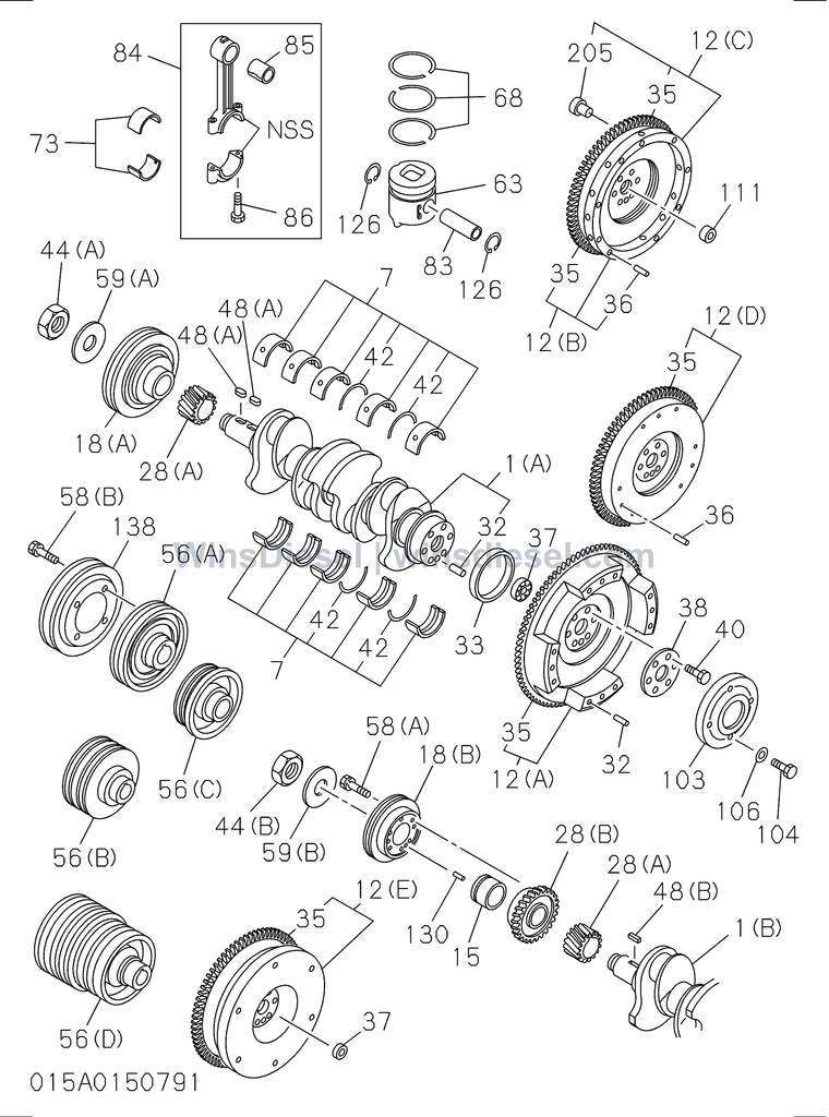 Isuzu 4BG1 crankshaft piston and flywheel parts diagram 4BG1-TCG-301501 for Hitachi ZX120