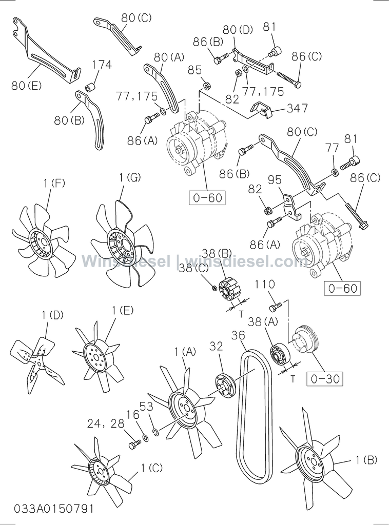 Isuzu 4BG1 fan and fan belt parts diagram 4BG1-TCG-303301 for Hitachi ZX120
