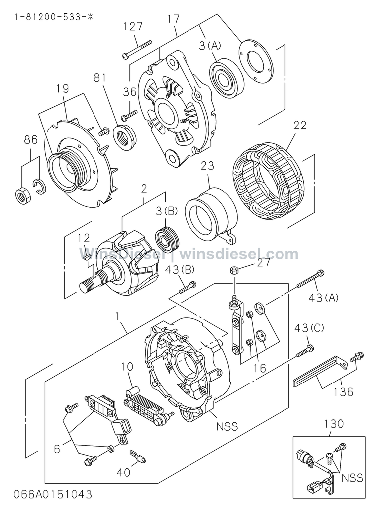 Isuzu 4HK1 alternator 200508 200706 parts diagram 4HK1-XYSA02-306601 for Hitachi ZX200-3