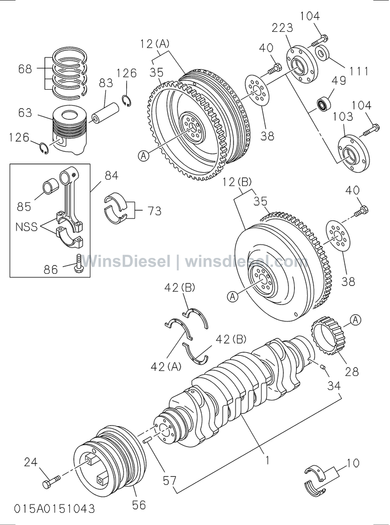 Isuzu 4HK1 crankshaft piston and flywheel parts diagram 4HK1-XYSA02-301501 for Hitachi ZX200-3