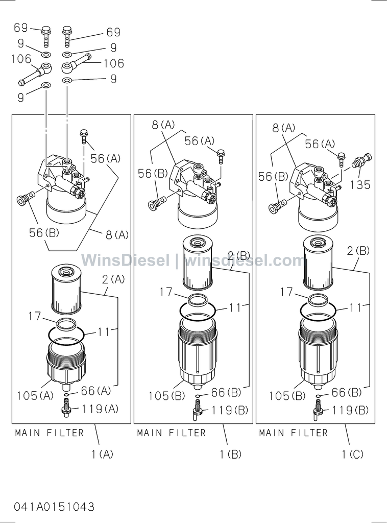 Isuzu 4HK1 fuel filter and bracket parts diagram 4HK1-XYSA02-304101 for Hitachi ZX200-3