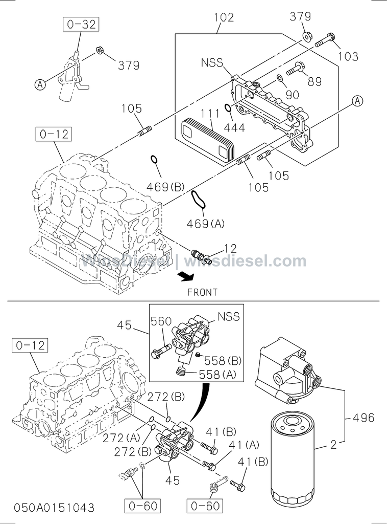 Isuzu 4HK1 oil cooler and oil filter parts diagram 4HK1-XYSA02-305001 for Hitachi ZX200-3