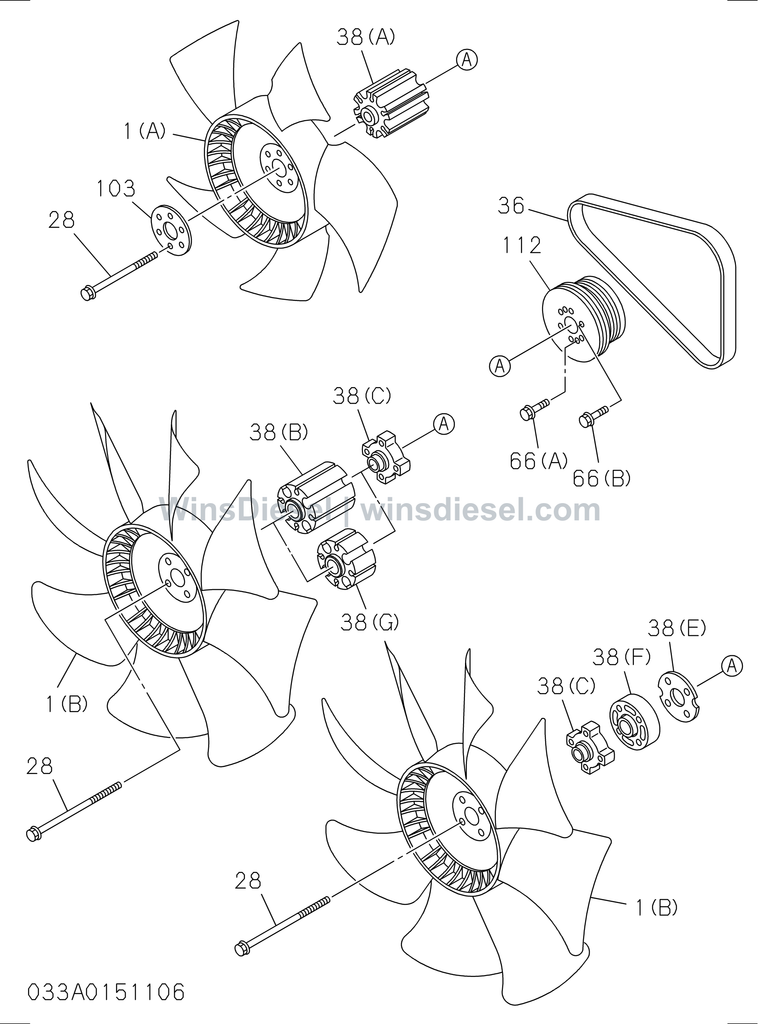 Isuzu 4JJ1 fan and fan belt parts diagram 4JJ1-XYSA03-503301 for Hitachi ZX110-3