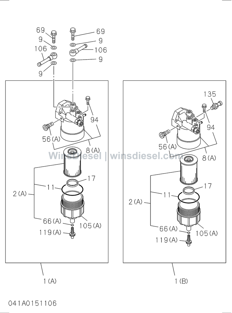 Isuzu 4JJ1 fuel filter and bracket parts diagram 4JJ1-XYSA03-504101 for Hitachi ZX110-3