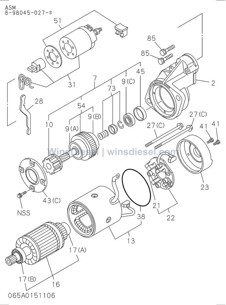 Isuzu 4JJ1 starter parts diagram 4JJ1-XYSA03-506501 for Hitachi ZX110-3