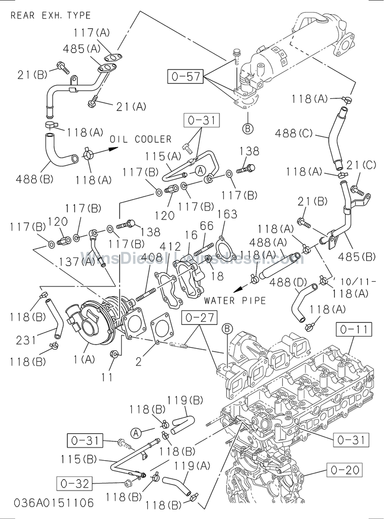 Isuzu 4JJ1 turbocharger system parts diagram 4JJ1-XYSA03-503601 for Hitachi ZX110-3
