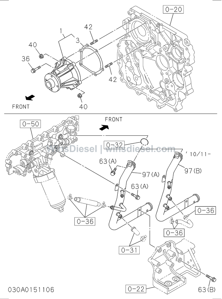 Isuzu 4JJ1 water pump and corrosion resistor parts diagram 4JJ1-XYSA03-503001 for Hitachi ZX110-3