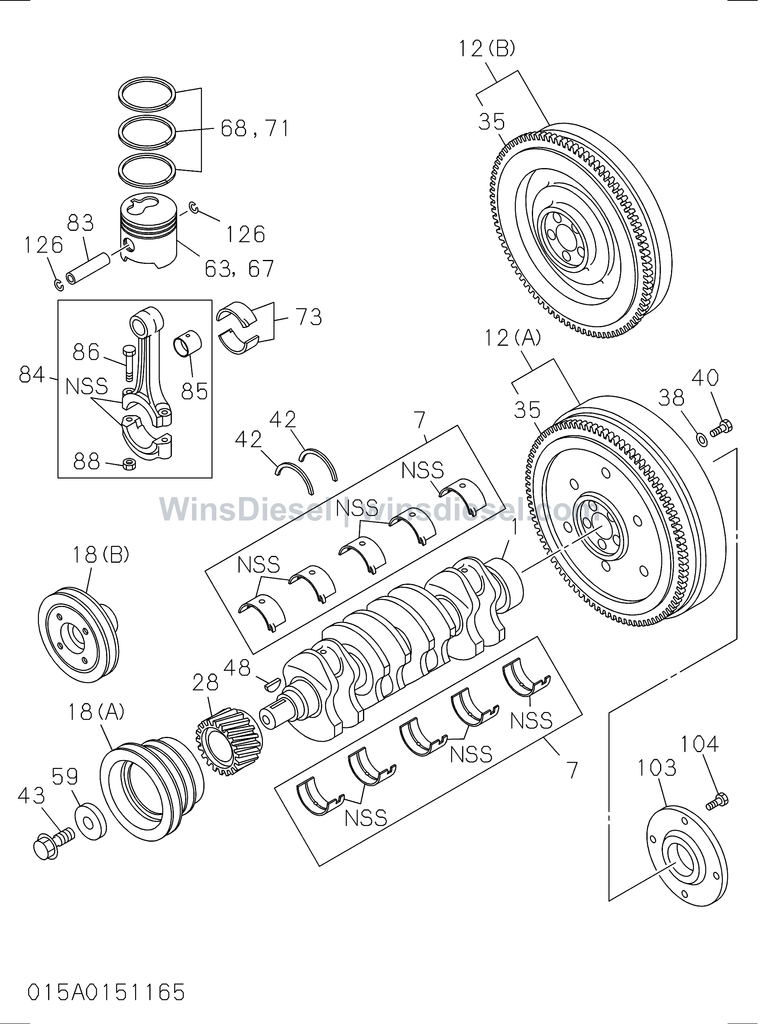 Isuzu 4LE2 crankshaft, pistons and flywheel exploded parts diagram, catalog reference ZX70-3 :4LE2-XYSA01-301501