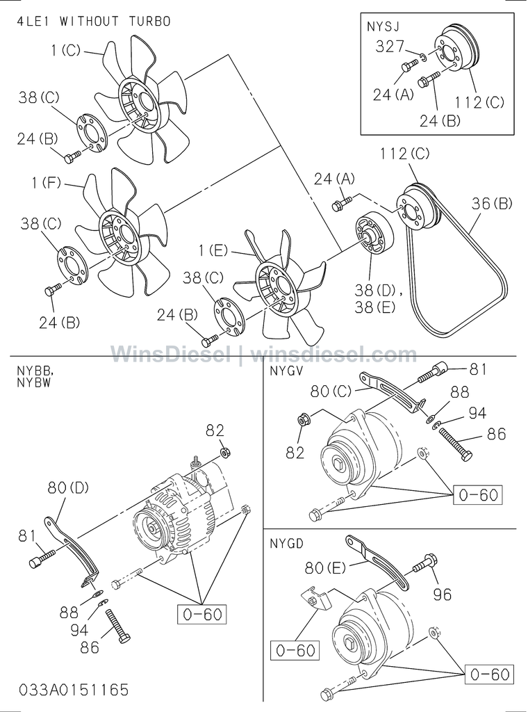 Isuzu 4LE2 fan and fan belt exploded parts diagram, catalog reference ZX70-3 :4LE2-XYSA01-303301