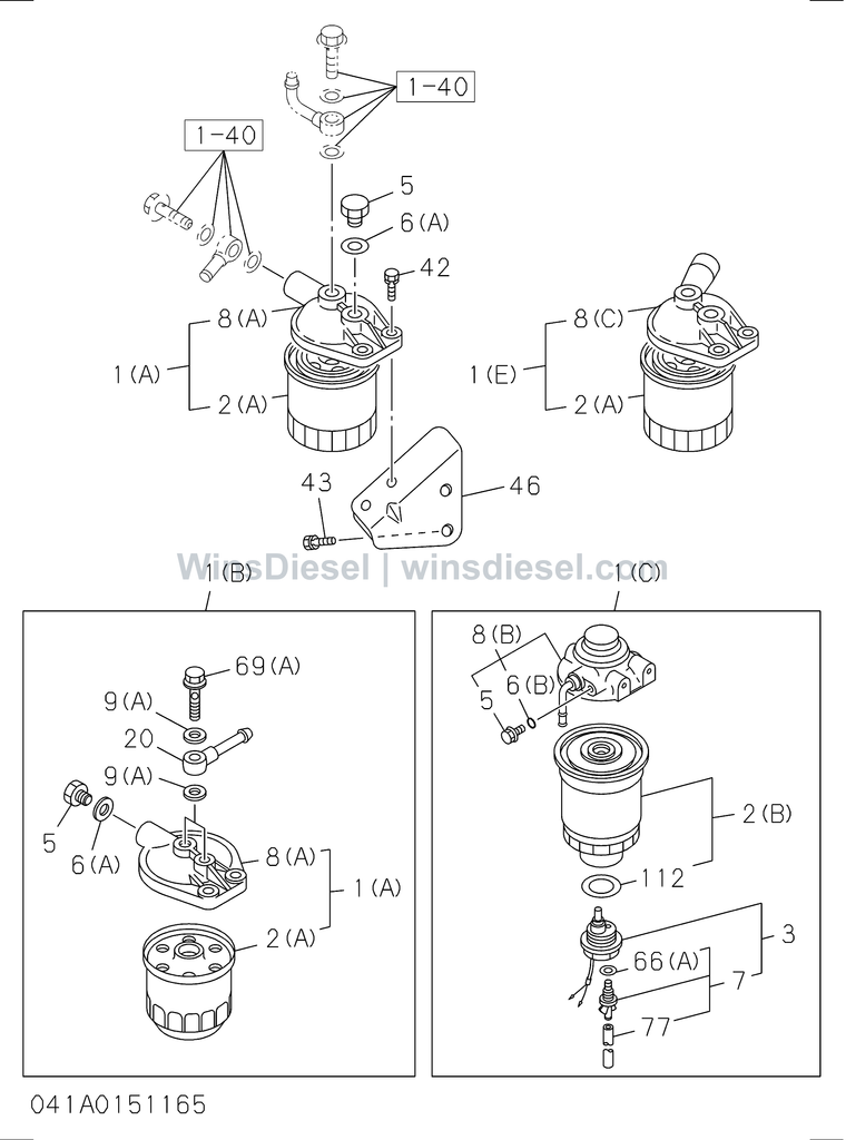 Isuzu 4LE2 fuel filter and bracket exploded parts diagram, catalog reference ZX70-3 :4LE2-XYSA01-304101