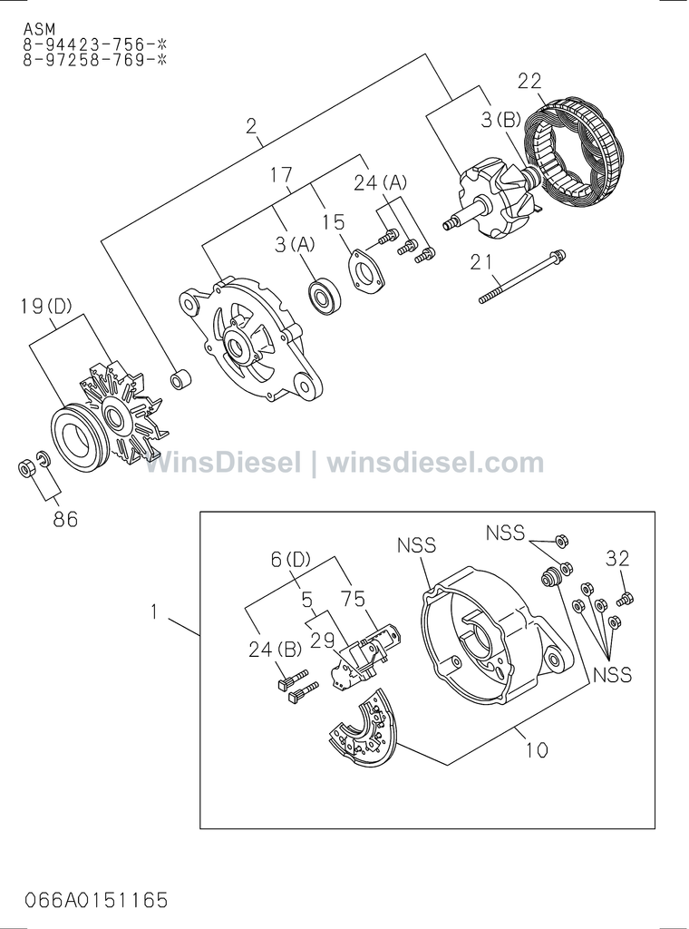 Isuzu 4LE2 alternator internal parts exploded parts diagram, catalog reference ZX70-3 :4LE2-XYSA01-3066010711-