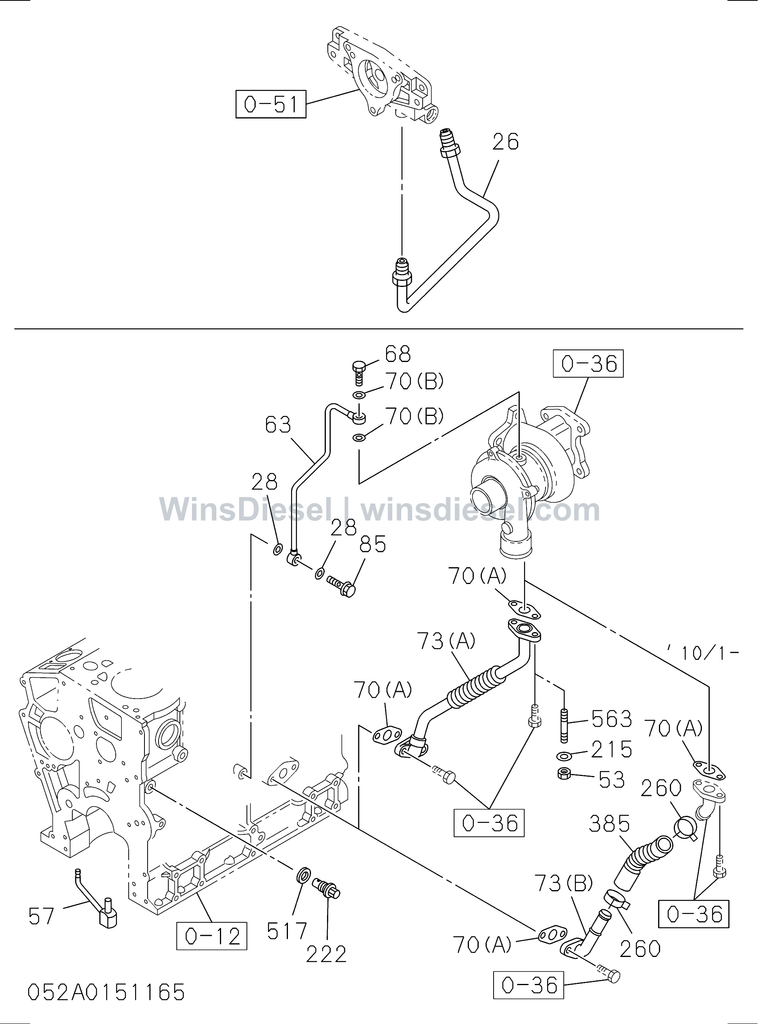 Isuzu 4LE2 engine oil and vacuum piping exploded parts diagram, catalog reference ZX70-3 :4LE2-XYSA01-305201
